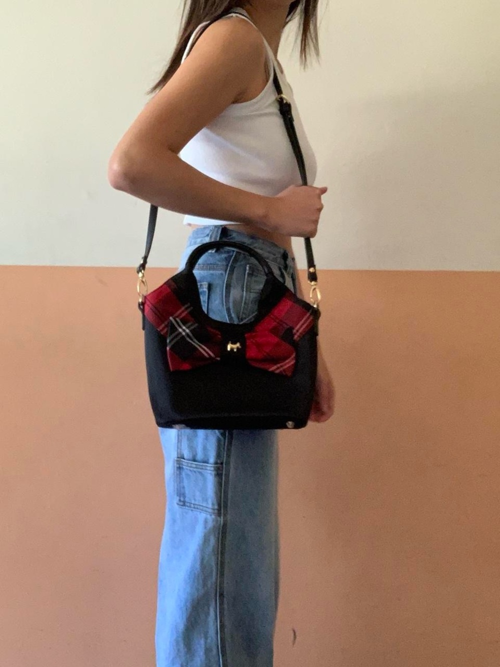 American Vintage Black Crossbody Bag with Red Plaid Bow Accent